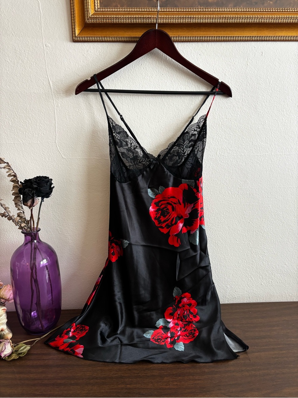Vintage Silk and Lace Slip Dress with Roses and Thigh Slit